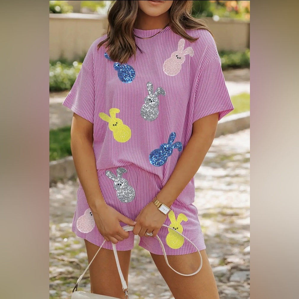 Pink Striped Two-Piece Set with Embroidery